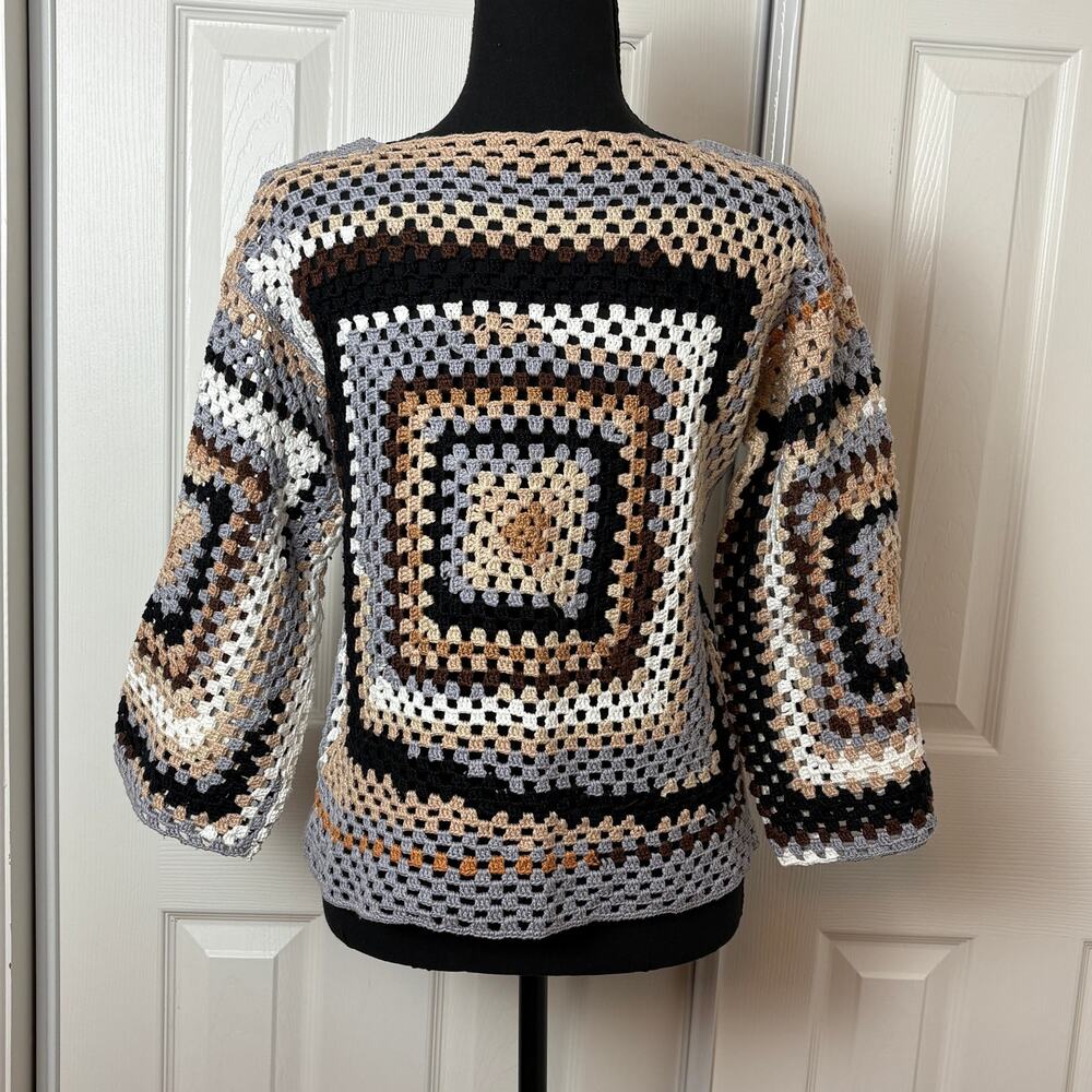 Handmade Crochet Sweater Granny Squares Neutral Multicolor S Granny Core